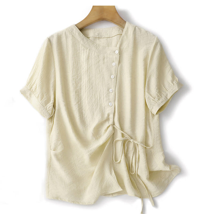 Chemise asymétrique à lacets et manches courtes bouffantes en coton pour femme Buddha Stones - Verge d'or claireJaune - US8-10,UK/AU12-14,EU40-42 (2XL) - image 8