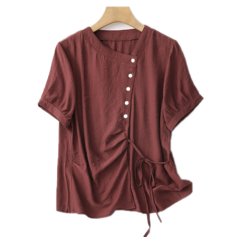 Chemise asymétrique à lacets et manches courtes bouffantes en coton pour femme Buddha Stones - image 24