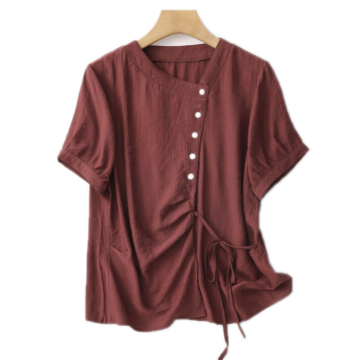Chemise asymétrique à lacets et manches courtes bouffantes en coton pour femme Buddha Stones - image 24