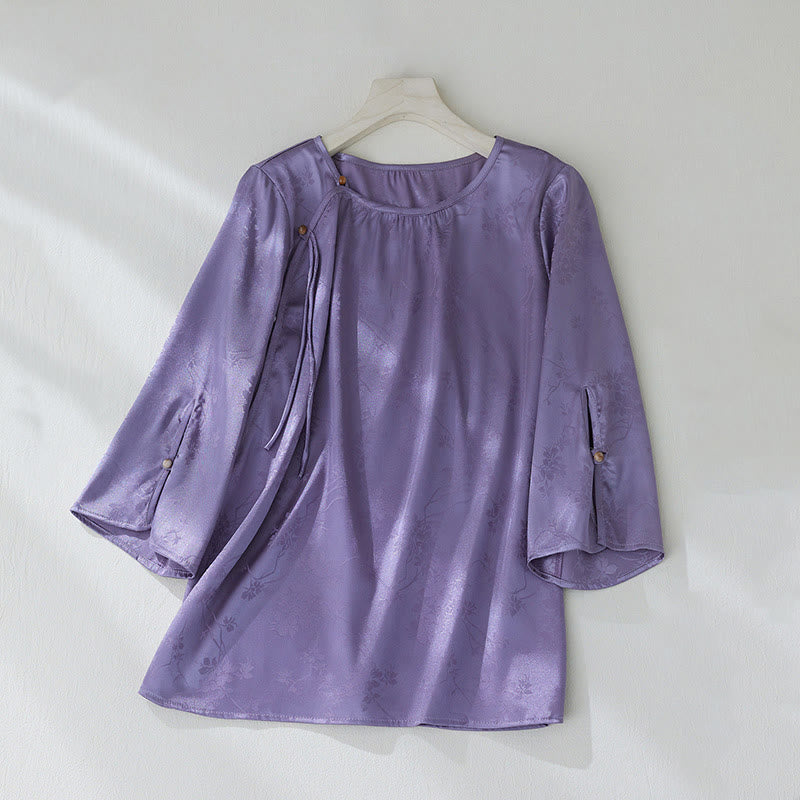 Chemise d'été à manches trois-quarts pour femme, motif jacquard fleuri et couleur unie, motif Buddha Stones - BleuViolet - US8-10,UK/AU12-14,EU40-42 (2XL) - image 1