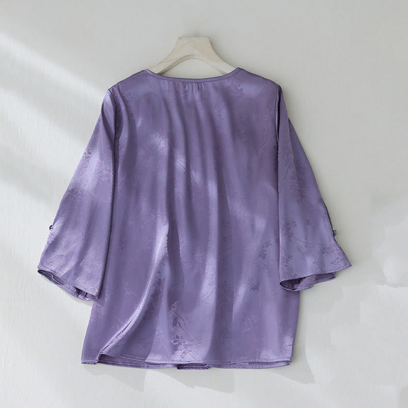 Chemise d'été à manches trois-quarts pour femme, motif jacquard fleuri et couleur unie, motif Buddha Stones - image 2