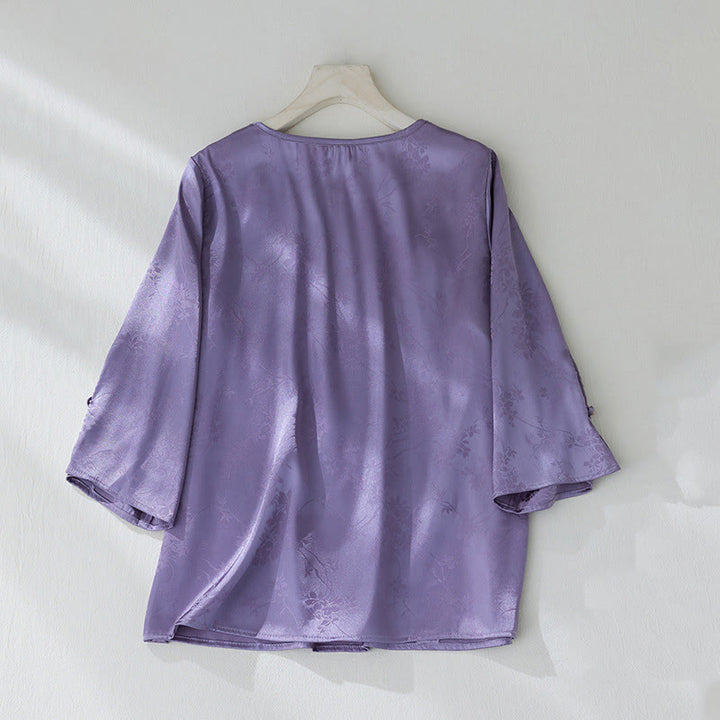 Chemise d'été à manches trois-quarts pour femme, motif jacquard fleuri et couleur unie, motif Buddha Stones - image 2