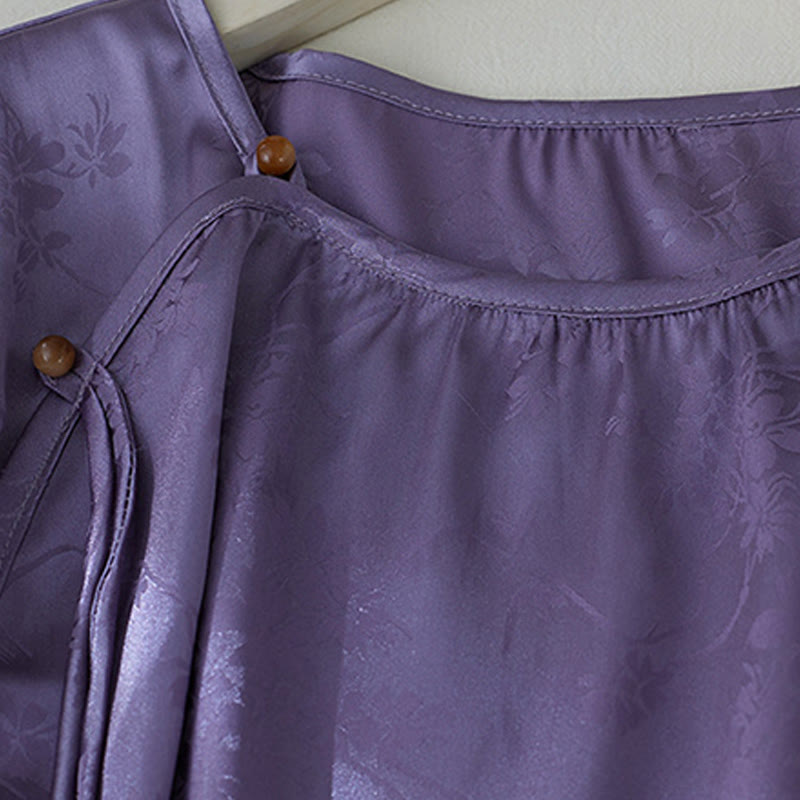 Chemise d'été à manches trois-quarts pour femme, motif jacquard fleuri et couleur unie, motif Buddha Stones - image 3