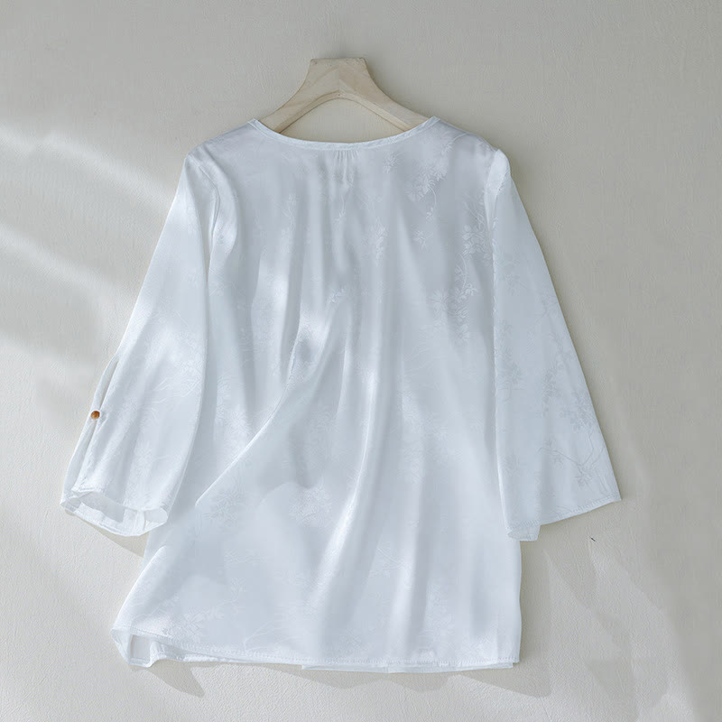 Chemise d'été à manches trois-quarts pour femme, motif jacquard fleuri et couleur unie, motif Buddha Stones - image 10