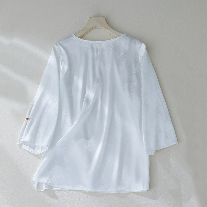 Chemise d'été à manches trois-quarts pour femme, motif jacquard fleuri et couleur unie, motif Buddha Stones - image 10