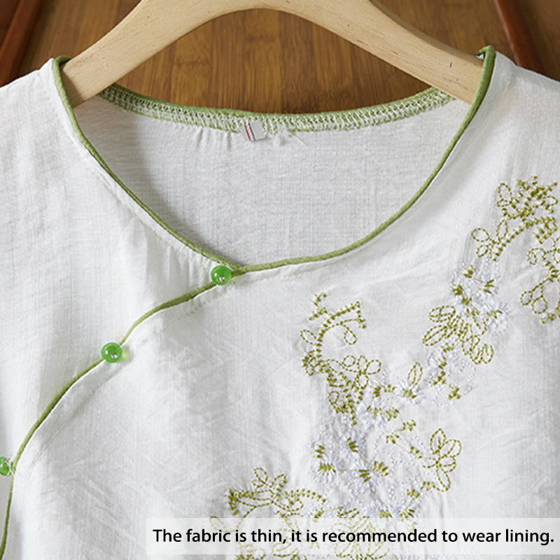 Buddha Stones décontractée en coton et lin pour femme, motif floral brodé, boutons grenouille, col incliné, manches trois-quarts - image 2