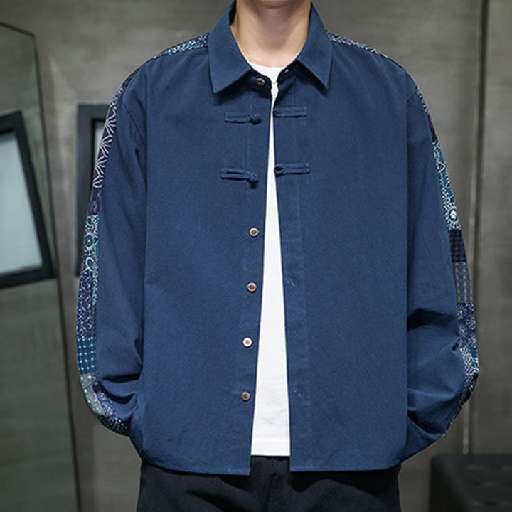 Chemise à manches longues en coton mélangé à motif floral Buddha Stones pour homme - Bleu acier - États-Unis/Royaume-Uni/AU50, EU60 (5XL) - image 17