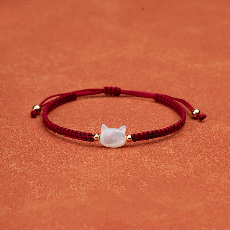 Bracelet de connexion en coquillage et fil rouge avec tête de chat sans visage et Buddha Stones - Chat blanc et fil rouge - image 5