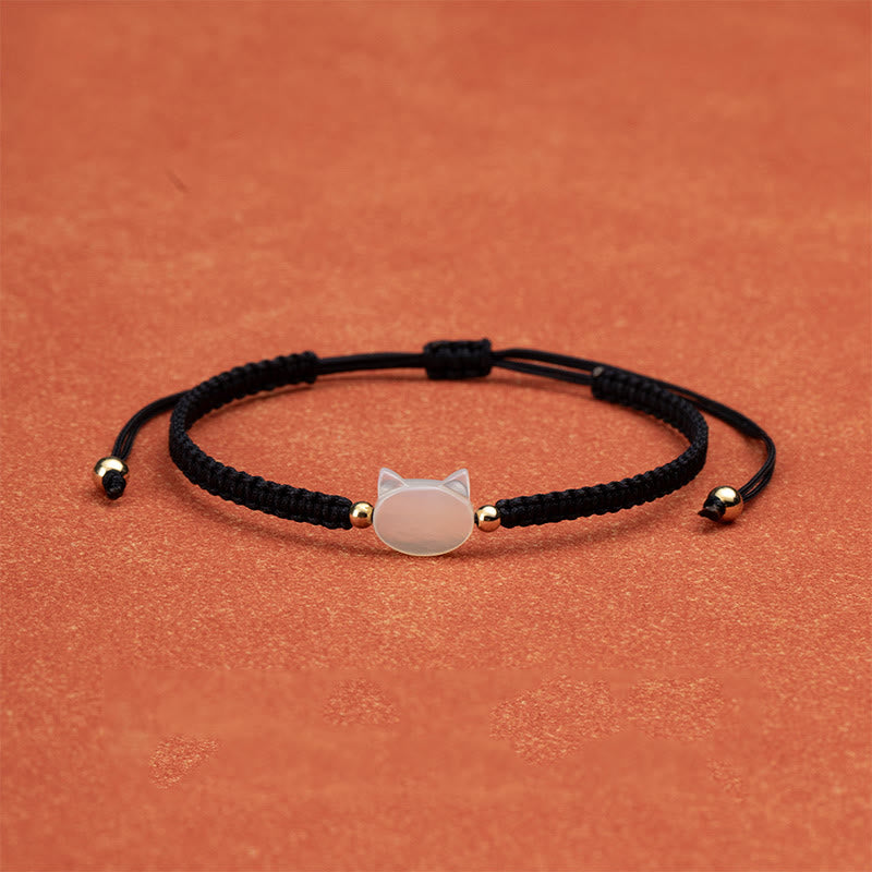 Bracelet de connexion en coquillage et fil rouge avec tête de chat sans visage et Buddha Stones - Chat blanc et ficelle noire - image 4