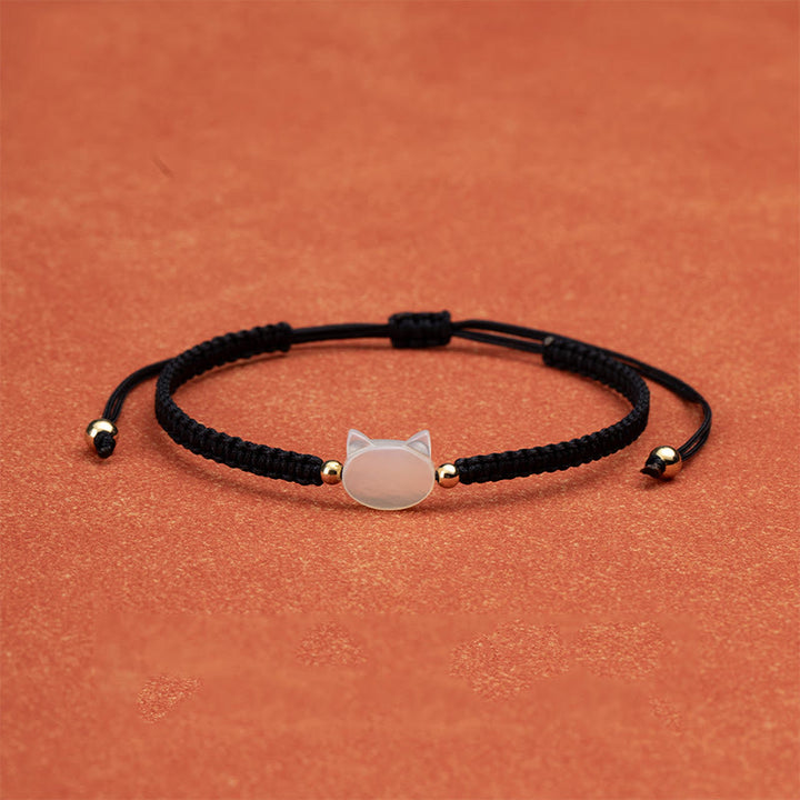 Bracelet de connexion en coquillage et fil rouge avec tête de chat sans visage et Buddha Stones - Chat blanc et ficelle noire - image 4
