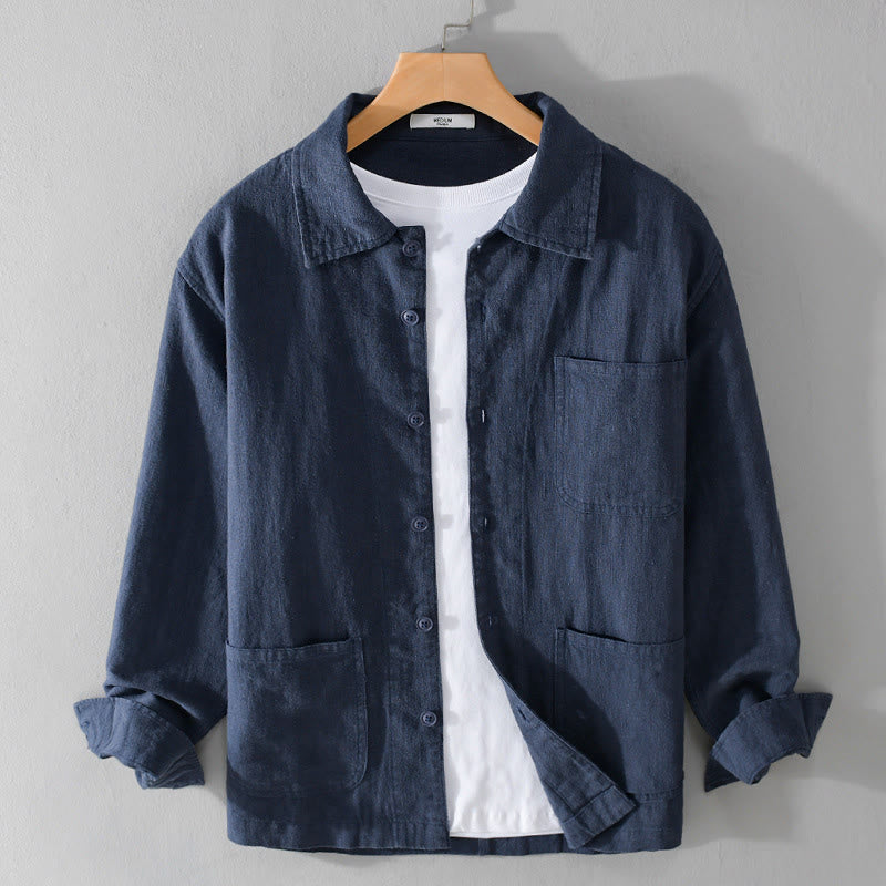 Chemise à manches longues en coton et lin avec poches pour homme, motif Buddha Stones Commute, à boutons unis - Bleu foncé - US/UK/AU42,EU52 (3XL) - image 13