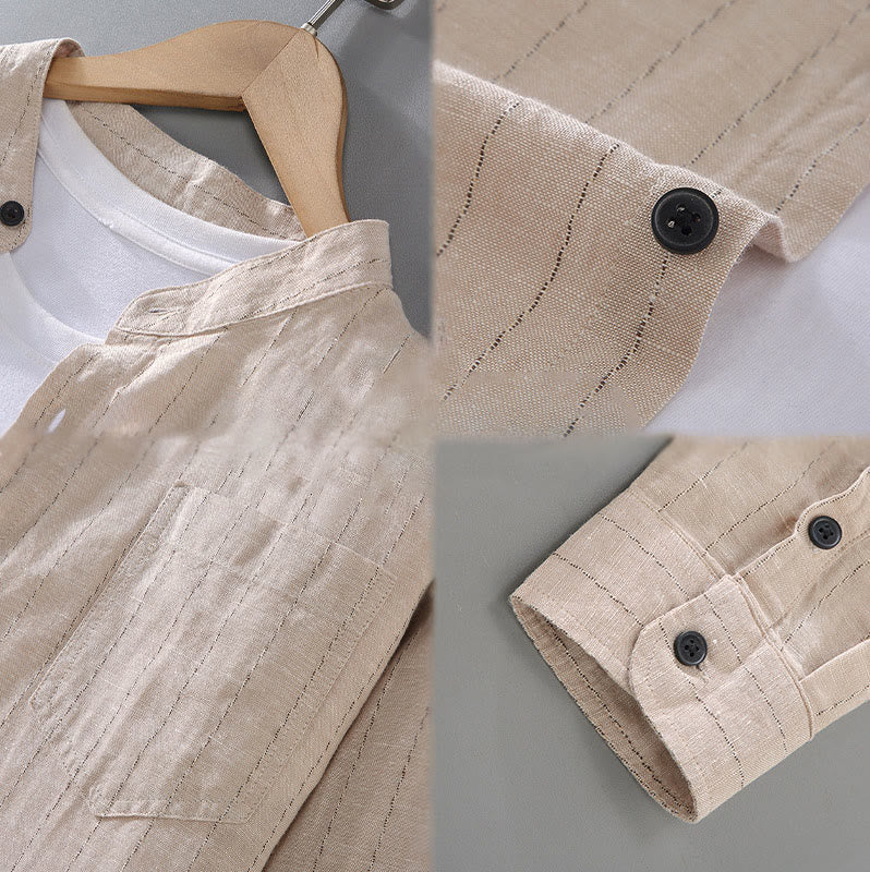 Chemise à manches longues en coton et lin à rayures pour homme, tenue quotidienne Tang avec Buddha Stones - image 11