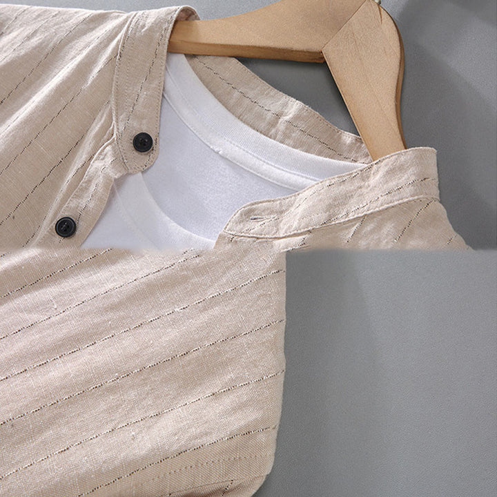 Chemise à manches longues en coton et lin à rayures pour homme, tenue quotidienne Tang avec Buddha Stones - image 8