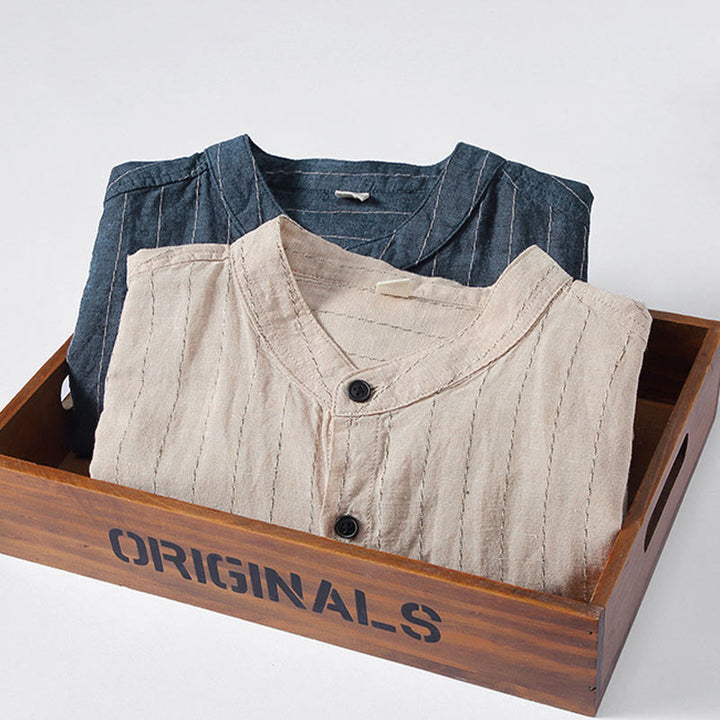 Chemise à manches longues en coton et lin à rayures pour homme, tenue quotidienne Tang avec Buddha Stones - image 13