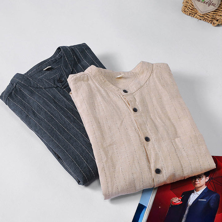 Chemise à manches longues en coton et lin à rayures pour homme, tenue quotidienne Tang avec Buddha Stones - image 12