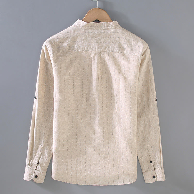 Chemise à manches longues en coton et lin à rayures pour homme, tenue quotidienne Tang avec Buddha Stones - image 4