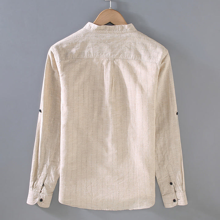 Chemise à manches longues en coton et lin à rayures pour homme, tenue quotidienne Tang avec Buddha Stones - image 4