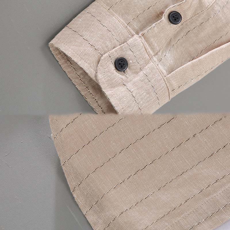 Chemise à manches longues en coton et lin à rayures pour homme, tenue quotidienne Tang avec Buddha Stones - image 9