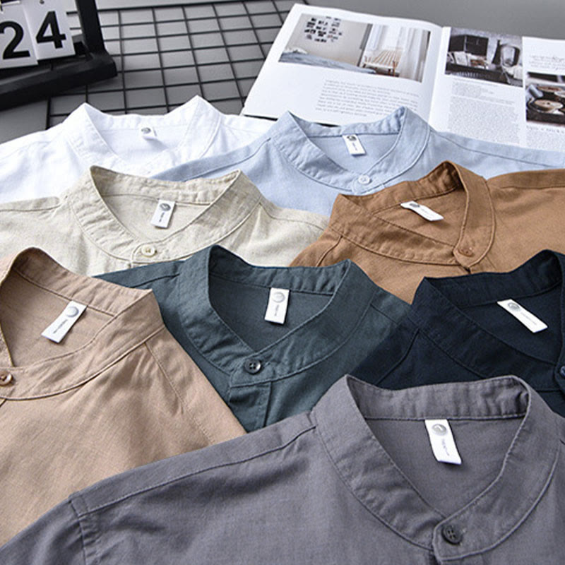 Chemise à manches longues et col montant pour homme avec poche en coton et lin décontracté de couleur unie Buddha Stones - image 5