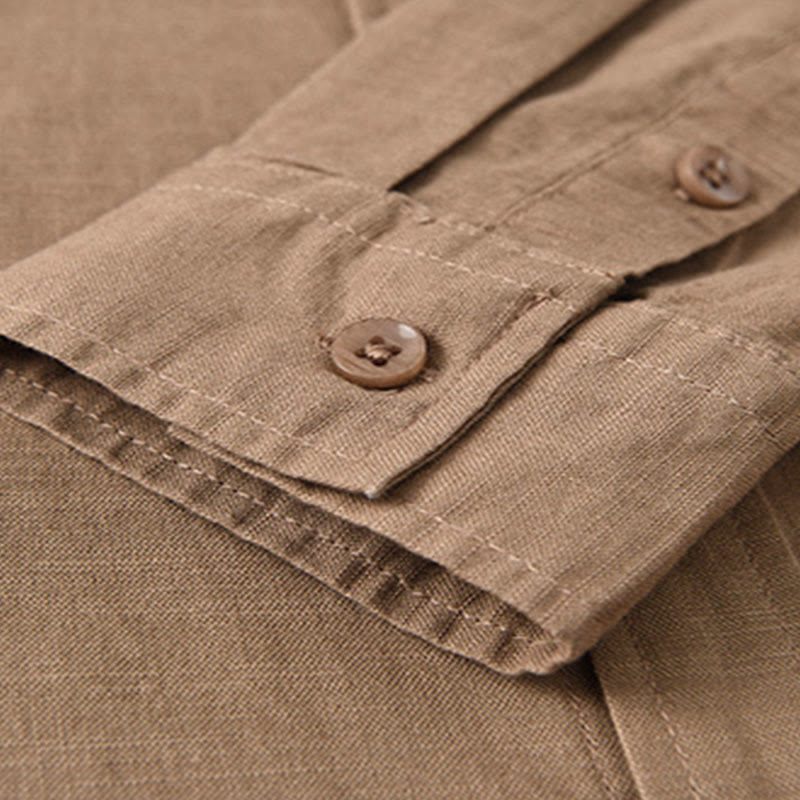 Chemise à manches longues et col montant pour homme avec poche en coton et lin décontracté de couleur unie Buddha Stones - image 24