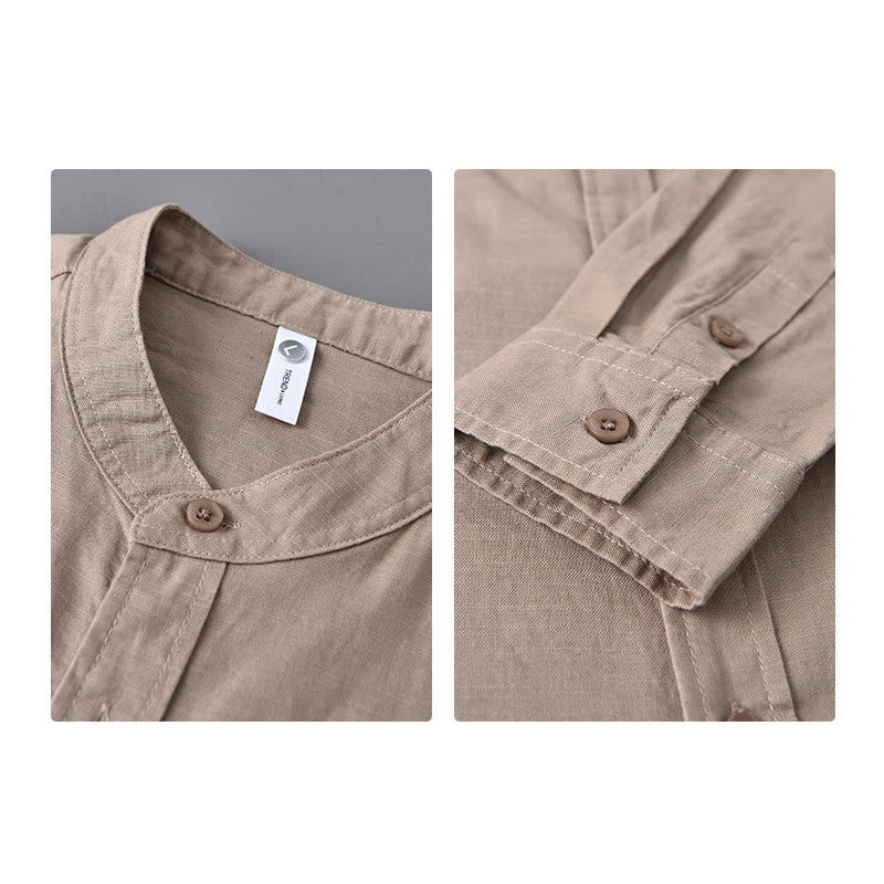 Chemise à manches longues et col montant pour homme avec poche en coton et lin décontracté de couleur unie Buddha Stones - image 33