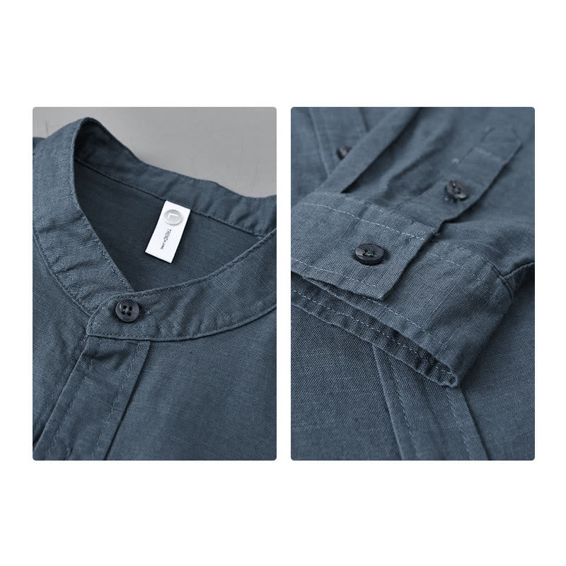 Chemise à manches longues et col montant pour homme avec poche en coton et lin décontracté de couleur unie Buddha Stones - image 29