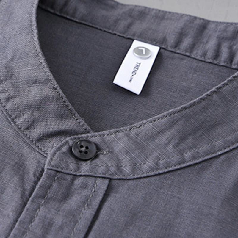 Chemise à manches longues et col montant pour homme avec poche en coton et lin décontracté de couleur unie Buddha Stones - image 35