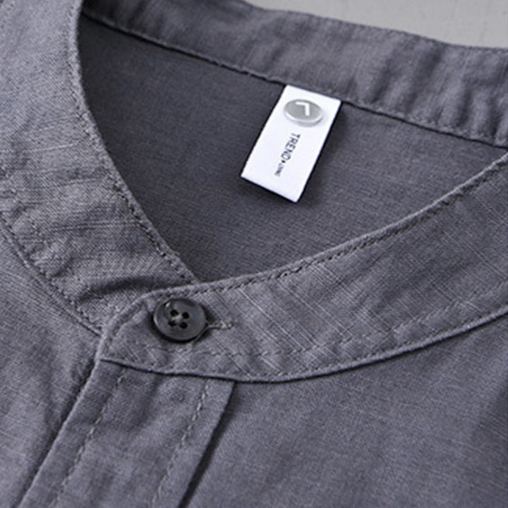 Chemise à manches longues et col montant pour homme avec poche en coton et lin décontracté de couleur unie Buddha Stones - image 35