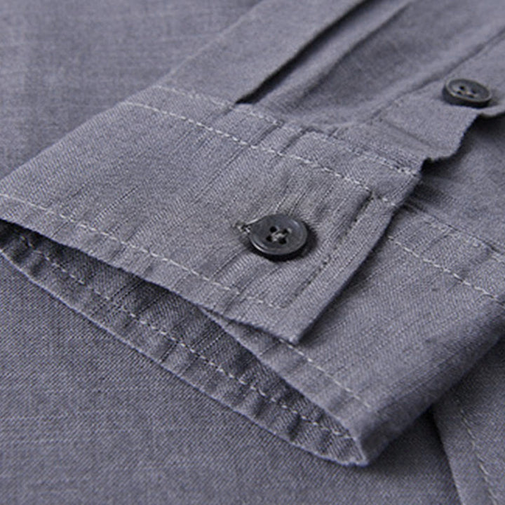 Chemise à manches longues et col montant pour homme avec poche en coton et lin décontracté de couleur unie Buddha Stones - image 37