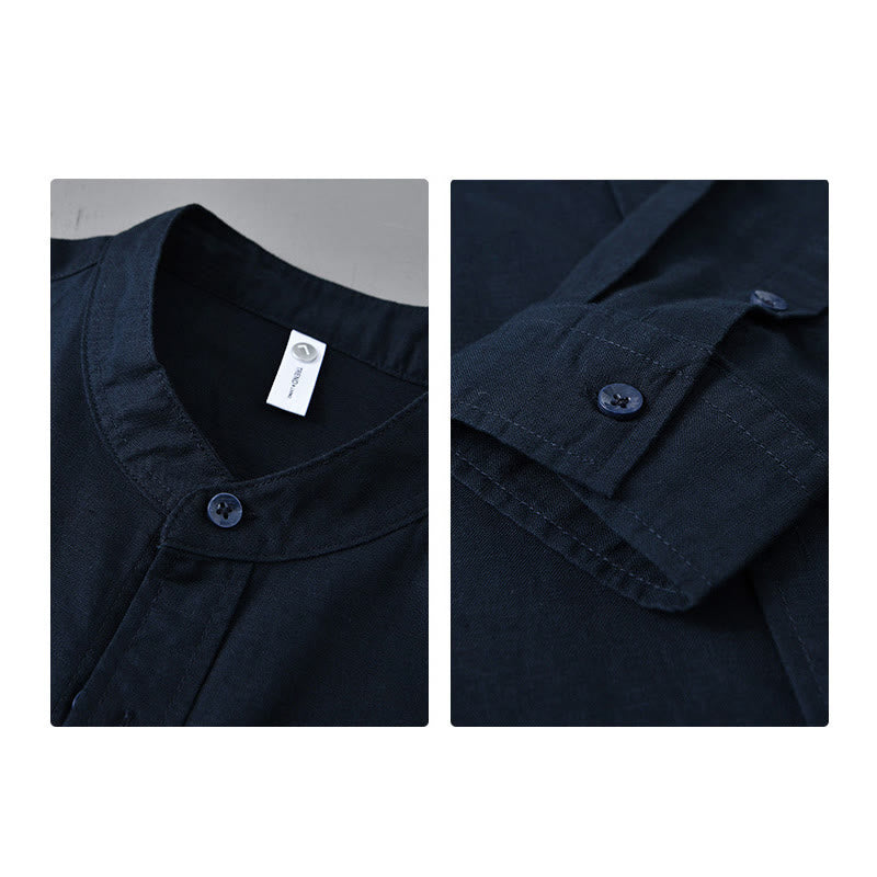 Chemise à manches longues et col montant pour homme avec poche en coton et lin décontracté de couleur unie Buddha Stones - image 39