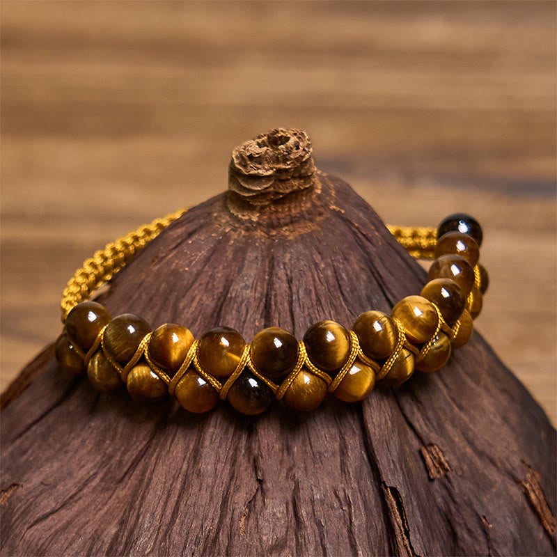 Bracelet de protection en perles double rangée tissées à la main en œil de Buddha Stones naturel et cinabre - Œil de tigre (circonférence du poignet : 14-24 cm) - image 1