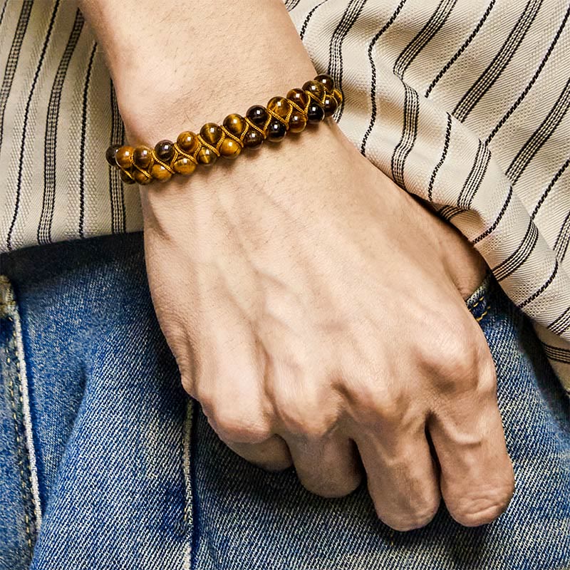 Bracelet de protection en perles double rangée tissées à la main en œil de Buddha Stones naturel et cinabre - image 4