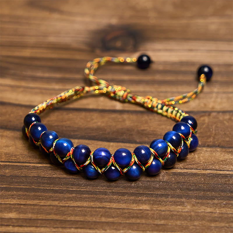 Bracelet d'équilibre en perles double rangée tissées à la main en corde colorée œil de tigre bleu naturel Buddha Stones - image 2