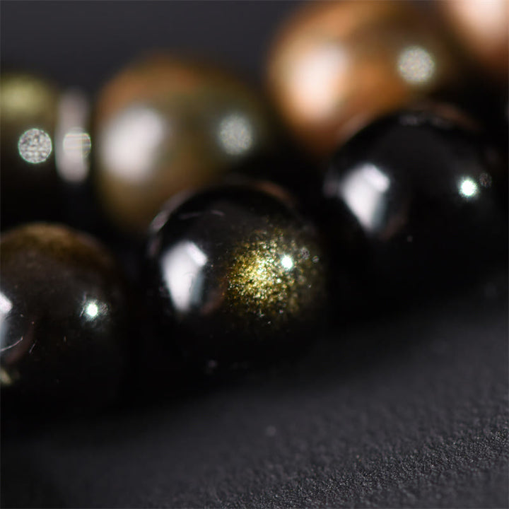 Bracelet double tour en obsidienne , Buddha Stones, bois de santal vert tibétain, reflets dorés, équilibre et paix - image 5