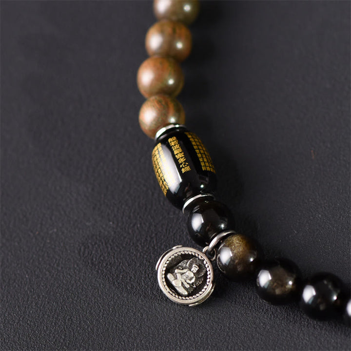 Bracelet double tour en obsidienne , Buddha Stones, bois de santal vert tibétain, reflets dorés, équilibre et paix - image 11