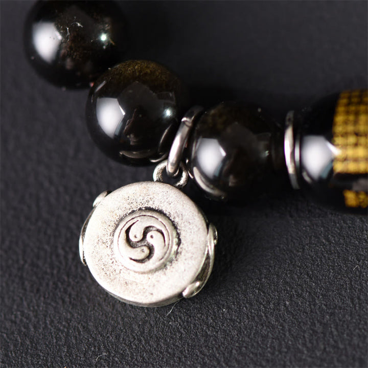 Bracelet double tour en obsidienne , Buddha Stones, bois de santal vert tibétain, reflets dorés, équilibre et paix - image 13