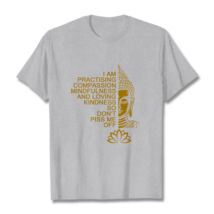 T-shirt décontracté en coton avec motif de fleur de lotus et de Buddha Stones doré - Gris clair - 2XL - image 20