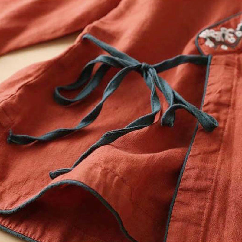 Chemise décontractée en coton à manches longues et col incliné avec broderies de Buddha Stones et fleurs pour femme - image 2