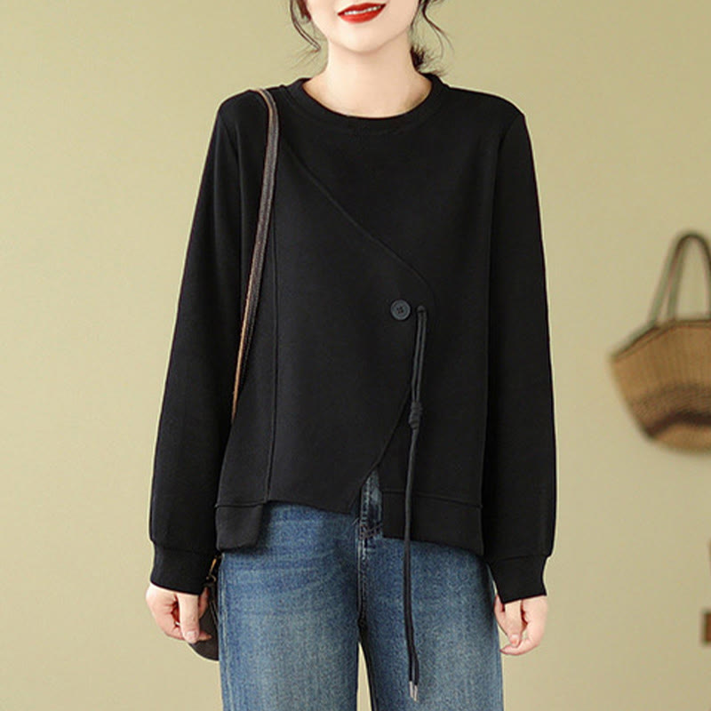 Sweat-shirt ras du cou en coton uni avec boutons Buddha Stones Fall pour femme  - image 2