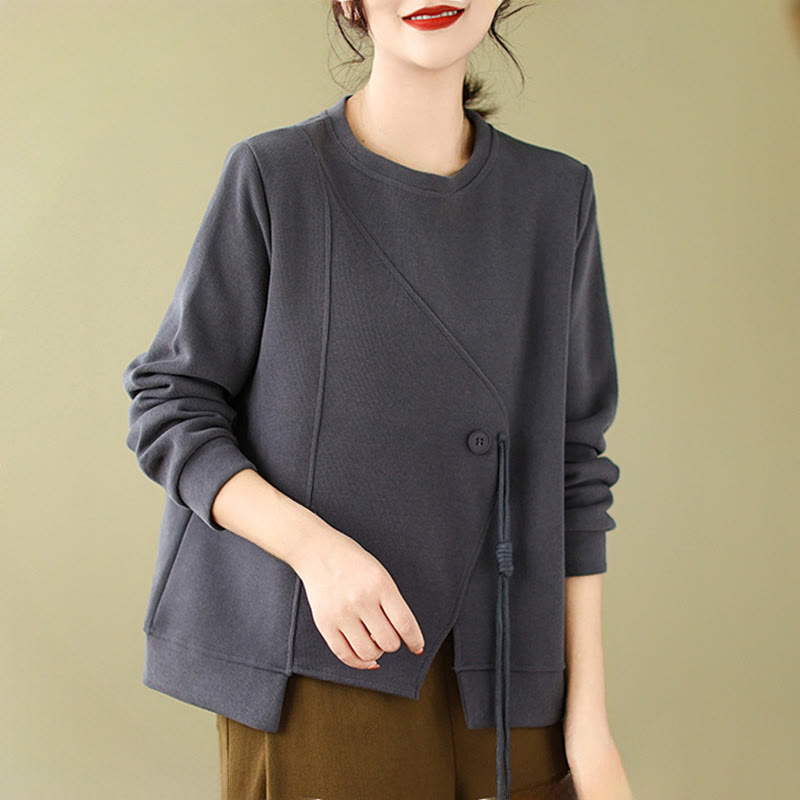 Sweat-shirt ras du cou en coton uni avec boutons Buddha Stones Fall pour femme  - image 8