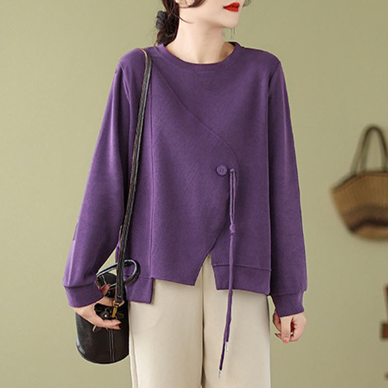 Sweat-shirt ras du cou en coton uni avec boutons Buddha Stones Fall pour femme  - image 14