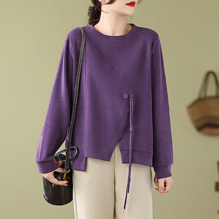 Sweat-shirt ras du cou en coton uni avec boutons Buddha Stones Fall pour femme  - image 14