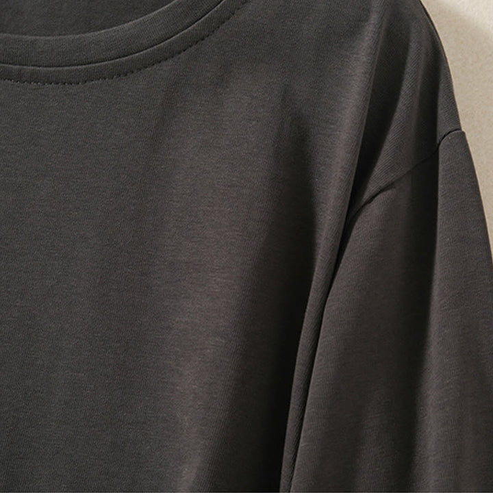 T-shirt décontracté à manches longues en coton et lin pur avec ourlet irrégulier et motif Buddha Stones pour femme - image 16