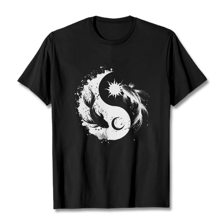 T-shirt à motif Bouddha, soleil et lune, Yin Yang, Koi - Noir - 2XL - image 5