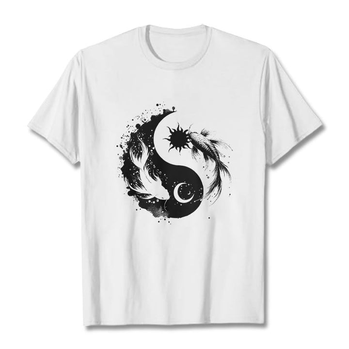 T-shirt à motif Bouddha, soleil et lune, Yin Yang, Koi - Blanc - 2XL - image 1