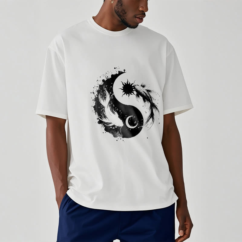 T-shirt à motif Bouddha, soleil et lune, Yin Yang, Koi - image 2
