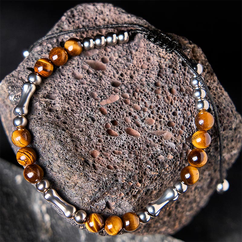 Bracelet de perles courageuses en œil de tigre avec joli motif osseux et Buddha Stones - image 3