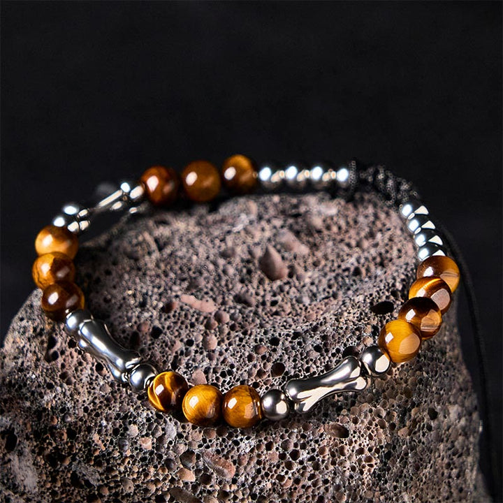 Bracelet de perles courageuses en œil de tigre avec joli motif osseux et Buddha Stones - image 2