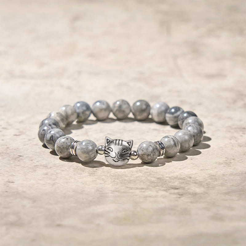 Bracelet de guérison en perles de jaspe gris naturel avec motif chat mignon et Buddha Stones - image 4