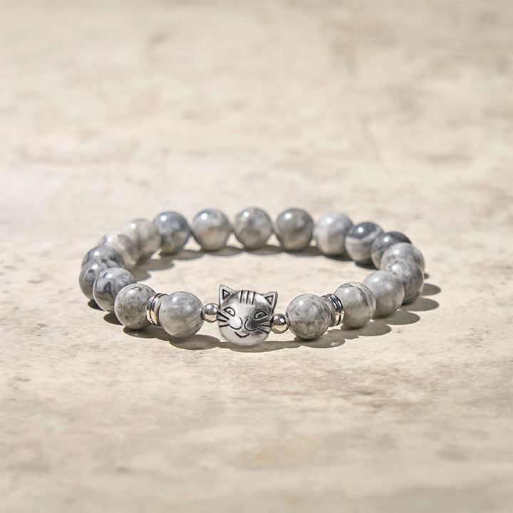 Bracelet de guérison en perles de jaspe gris naturel avec motif chat mignon et Buddha Stones - image 4